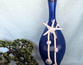 Beach blue glass vase with starfish and sea shell decor 17 inch high