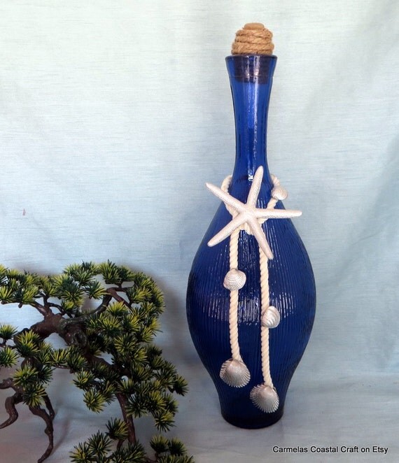 Items similar to Beach blue glass vase with starfish and sea shell