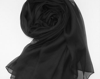 Black Silk Scarf - Pure Black Silk Chiffon Scarf - AS3