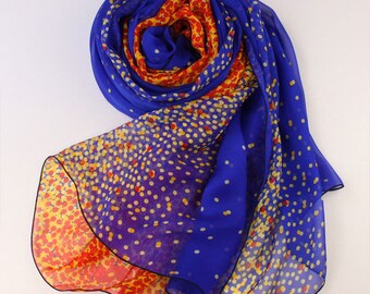 10% Off All Scarf Order > USD100 - Crystal Blue Silk Scarf with Orange Dot Print - Polka Dot Printed Blue and Orange Silk Scarf - AS53