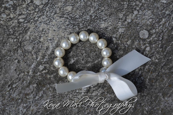 Custom Ivory Pearl Bracelet with Ivory Ribbon Bow, flower girl bracelet, bridesmaid gift, baby shower gift, or christening bracelet