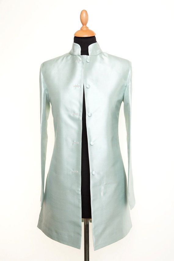 Women's Silk Jacket Coat Mint White Shimmer Indian