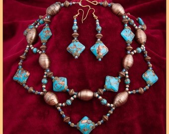 Turquoise Choker, Statement necklace,Chunky necklace,Turquoise,Copper necklace,France and Italy.Turquoise ,Copper,Earrings included.Choker