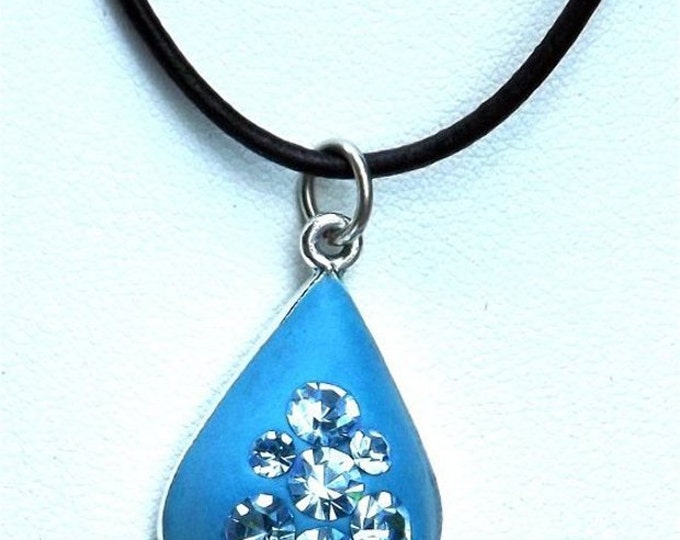 Don't Cry Teardrop Pendant Turquoise Blue Clay with Aqua Blue Crystal Chatons Sterling Silver Plated Patera Sparkling Bling Necklace OOAK