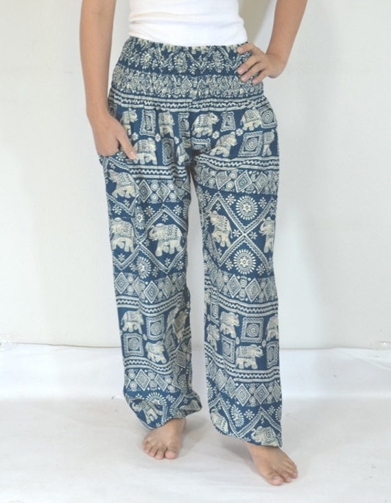 Teal green elephant printed pants women by Lannaclothesdesign