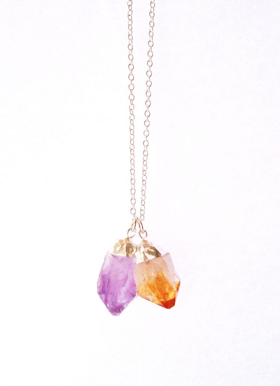 Items similar to Amethyst and Citrine Raw Rough Point Silver Necklace ...