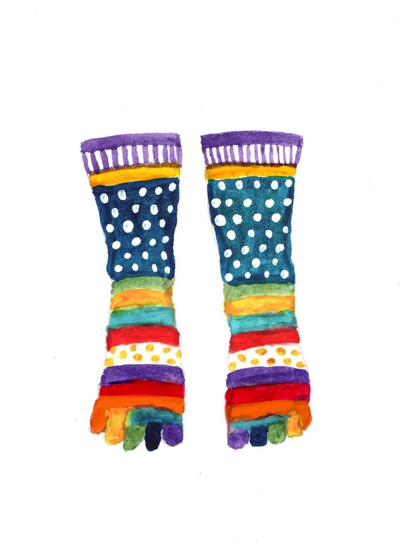 Funny Jazzy Socks Print of Original Watercolor Painting as ACEO, Print or Blank Greeting Cards