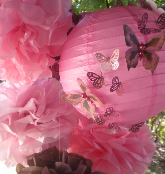 Items similar to pom poms and paper lantern set pink, mauve, and brown
