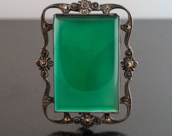 Antique Pin - Antique 1920's Sterling Silver, Green Chalcedony and Marcasite Pin