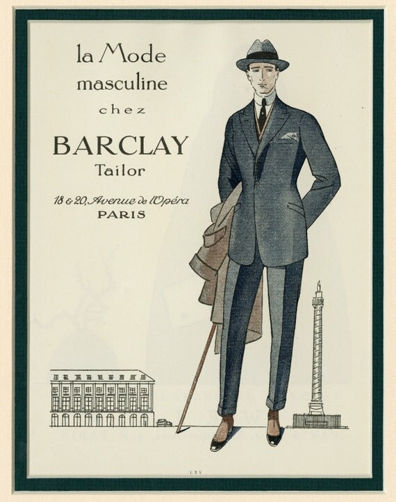 1920 Matted Men's Fashion ad/print for Gazette du Bon Ton French Pouchoir Paris Ad 9x12"