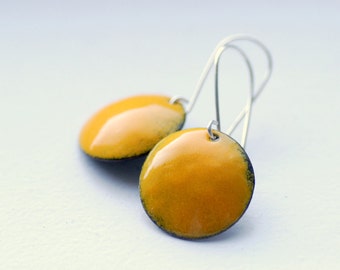 Mustard Yellow Earrings, Enameled Copper Earrings, Geometric Earrings, Circle Earrings, Rustic Earrings, Autumn Jewelry, Dangle Earrings