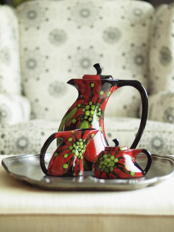 Bold Floral Tea Set Red Poppy Funky Tea Pot, Cream & Sugar Colorful
