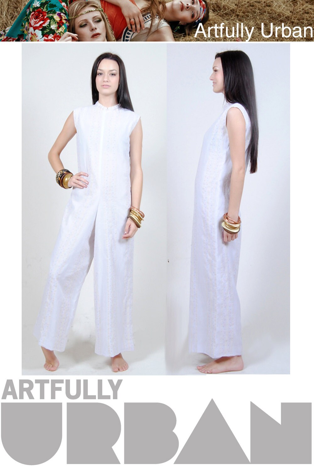 Vintage 70s Womens Jumpsuit / Sheer White Floral Jumpsuit