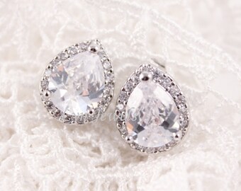 CZ Bridal Earrings - Bridesmaids Cubic Zirconia Tear Drop Nickle Free Ear Studs Sparkling Gift For Her Under 30