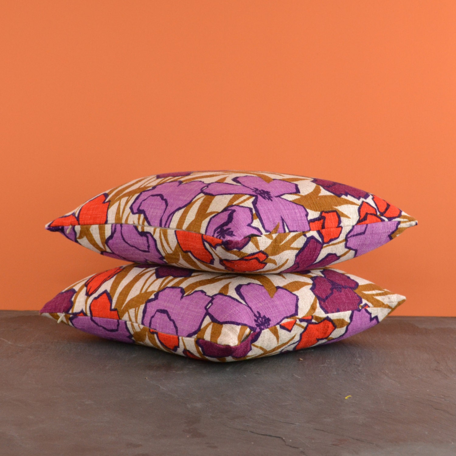 Vintage Fabric Decorative Throw Pillows Purple and Orange