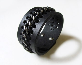 Leather and chain bracelet, Black leather cuff, Braided bracelet, ALL SIZES
