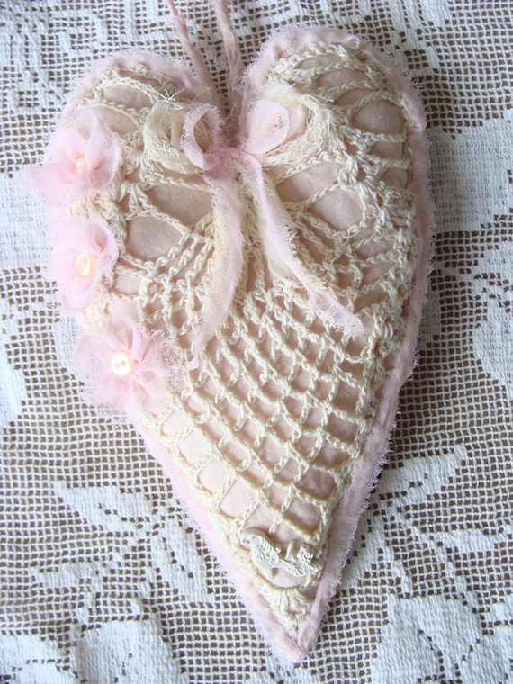 Shabby Pink Fabric Lace Heart Ornament Vintage Crochet Stuffed Hanging Heart Shabby Chic Pink Tattered Handmade Flowers Valentines Day