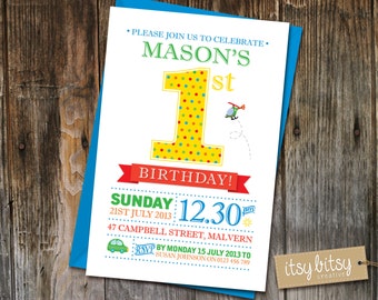 1st Birthday Invitation Boy, Transport Invitation, Polka Dot Invitation, Polka Dot Party, 1st Birthday Party, Car, Red Green Blue Yellow
