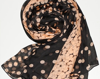 Black Silk Chiffon Scarf with Golden Brown Polka Dot Print - Black and Brown Silk Scarf - AS50