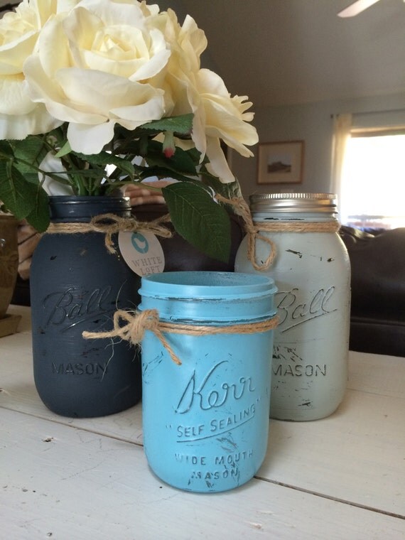 Items similar to SALE Painted Mason Jars Set Navy Blue, Turquoise & Stone/Moss on Etsy