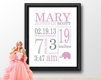 personalized baby announcement girl, custom baby stats wall art elephant, new baby girl gift pink, baby nursery prints, baby nursery decor