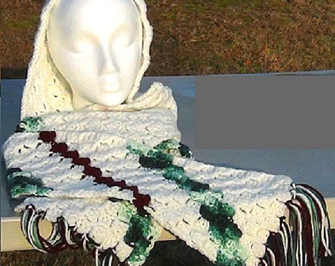 Hooded Scarf - White Crochet Scarf - White with Maroon and Green Stripes