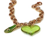 Chunky gold filled bracelet, Shoe bracelet , Green charms bracelet , High-heeled shoes Charms
