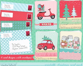 christmas card SET OF 4 designs printable kit - holiday greeting card printable pack - instant download PDF