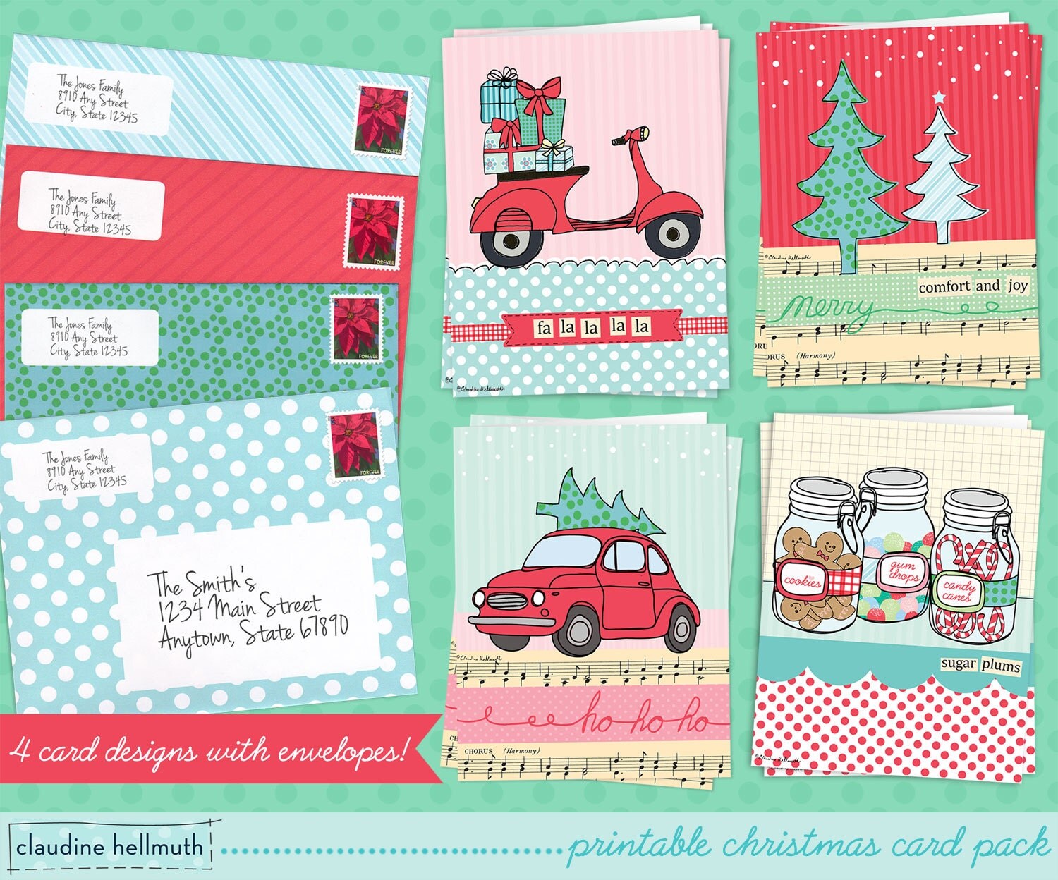 Printable Card Kits | christmas card set of 4 designs printable kit holiday Printable Card Kits | christmas card set of 4 designs printable kit holiday