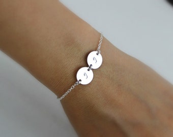 Two Initials Bracelet, 14K Gold fill, Silver or Rose Gold Small Disc Bracelet, Personalized Twin Bracelet / Best Friend, Family Bracelet