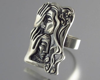 LOVERS statement silver ring Art Nouveau inspired