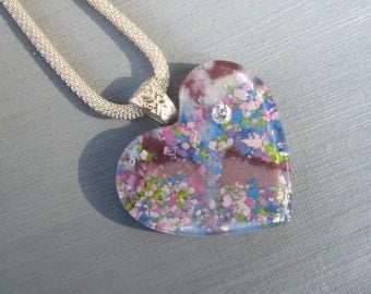 Flowery Heart Pendant, Fused Glass Heart Pendant, Stone Look Glass Pendant - Blue and Purple Heart Pendant