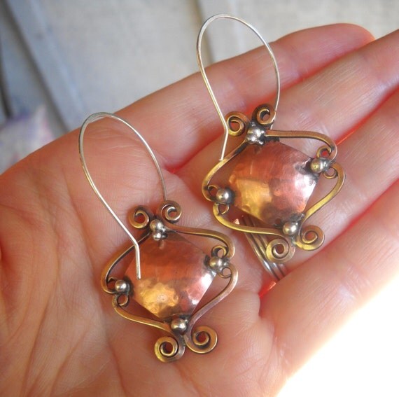 Items similar to Mixed metal earrings, Copper, bronze and sterling ...