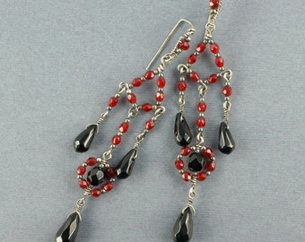Red and Black Glass and Sterling Silver Chandelier Earrings - CLEARANCE