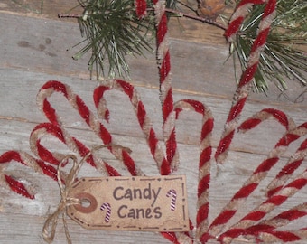 Set of 12 - Primitive Country Christmas Holiday Chenille Mini Red & White Candy Canes Bowl Fillers Ornies Tree Ornaments