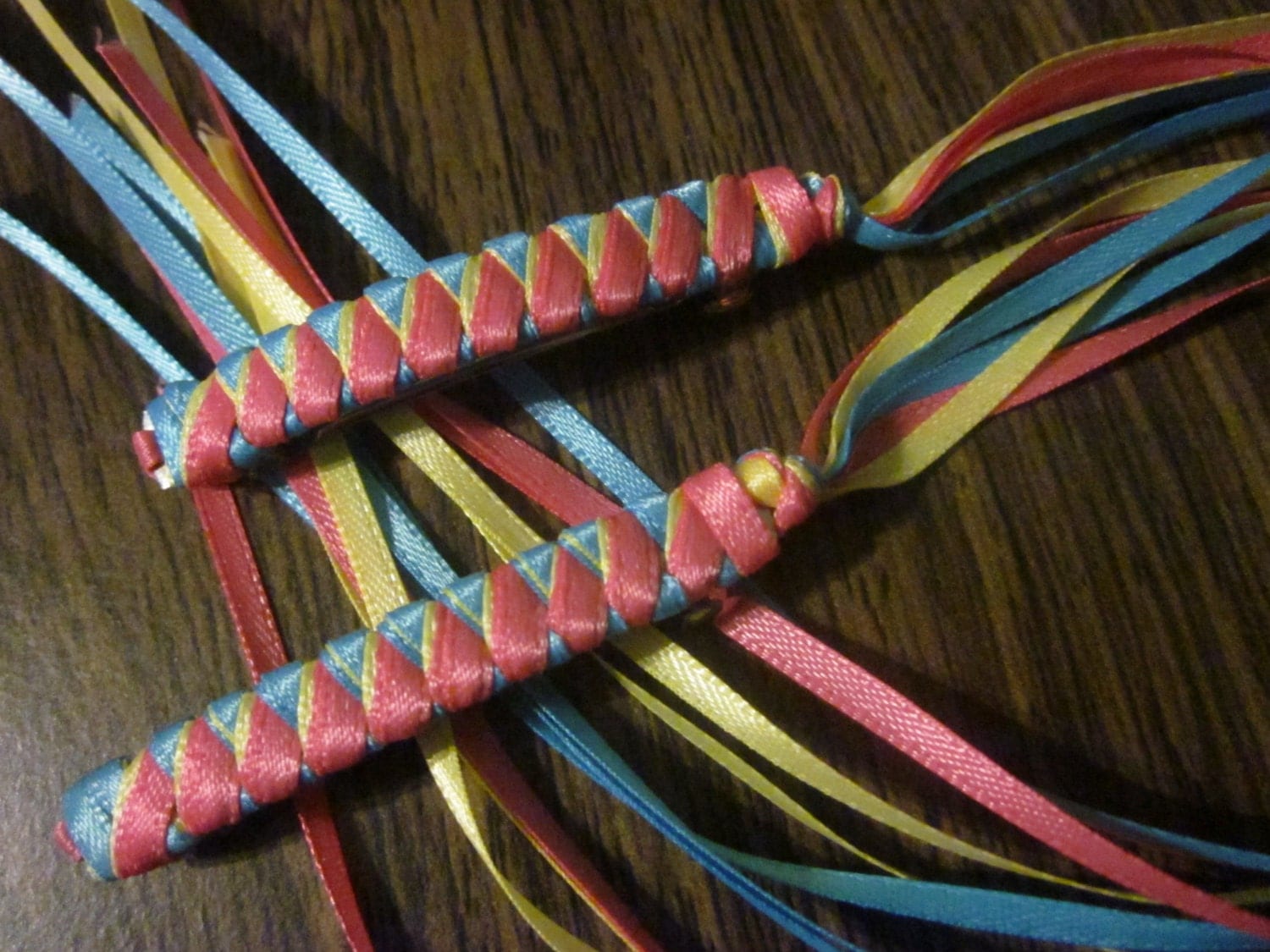 Braided Ribbon Barrettes / Set of Two in Hot Pink / Yellow