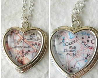 Disneyland or Walt Disney World Map Necklace - Petite Heart CHOOSE your necklace color - Great Gift For Disney Lover and Park Enthusiast
