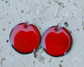 Enamel Earrings, Large Copper Disc, Enameled Jewelry Red