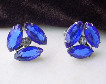 Art Deco Cobalt Blue Earrings Faceted Glass Rhinestone Screw Back