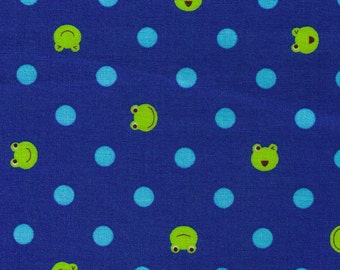HALF YARD - Frog and Light Aqua Blue Polka Dots on Blue- Imported Japanese Fabric