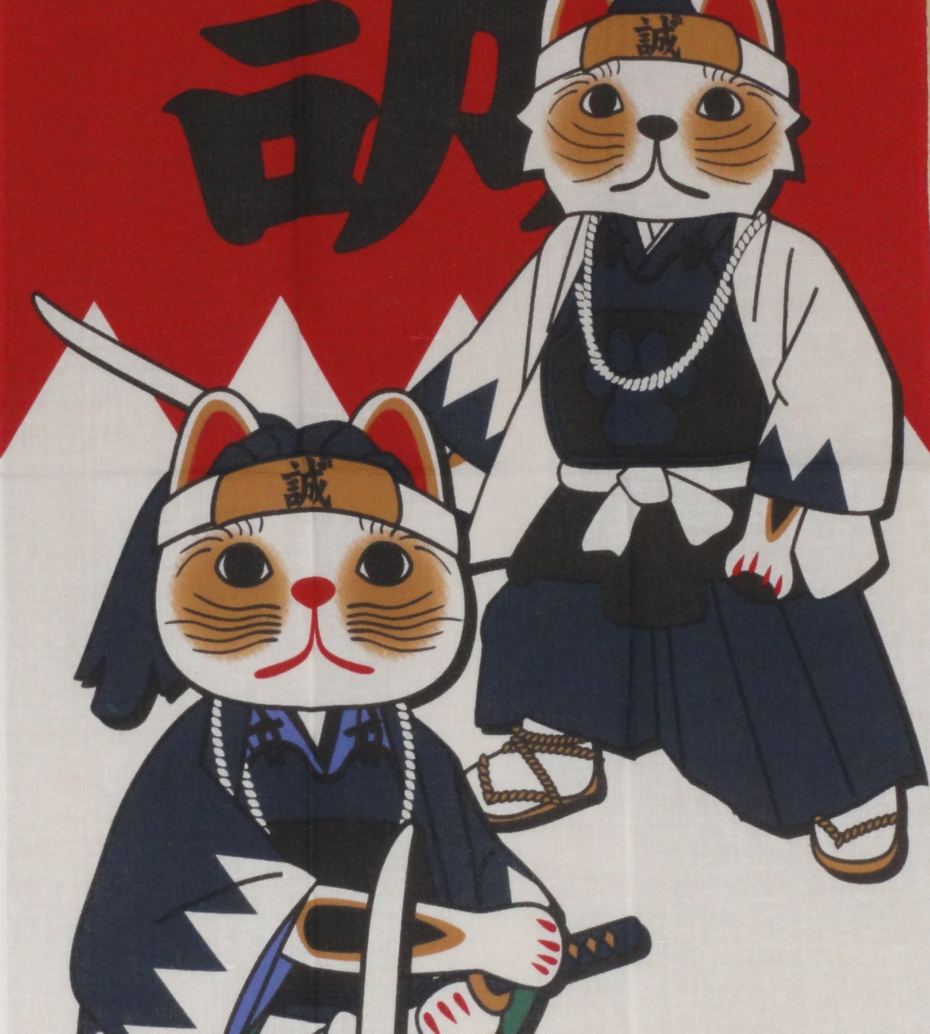 Kawaii Fabric Maneki Neko Samurai  Motif  Japanese Tenugui 