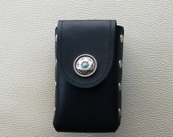 Black Leather Cigarette Case with Western Style Turquoise Concho