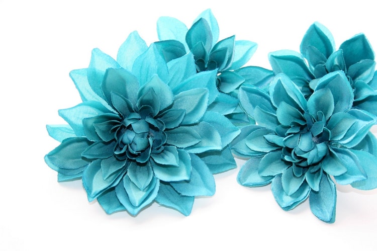 silk flowers 4 Small Dahlias in Teal Blue by SimplySerraFloral