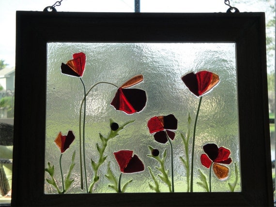 Red Poppy Flowers Fused Glass Art Window Frame with Poppies