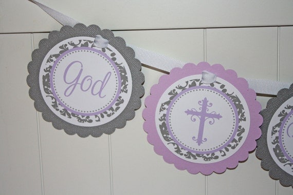 Baptism Communion Banner - GIRL Damask - Baby Dedication, First Communion, Baptism - girl or boy - any color Il_570xn