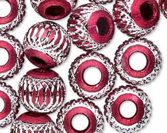 5 Beads, aluminum, red, 12mm diamond-cut round with 4.5mm hole. BIG hole bead for european style charm chains