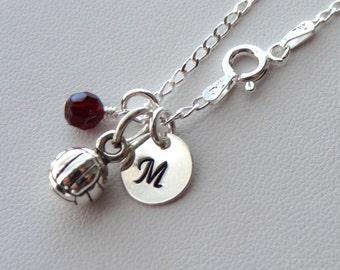 Sterling Silver Personalized Volleyball Necklace, Hand Stamped Initial Letter, Birthstone Necklace, Team Sport Necklace