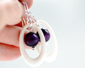 Dangle Earrings, Purple and White, Lucite Jewelry, Drop Earrings, Purple Earrings, Lucite Earrings, Sterling Silver - Urban Garden