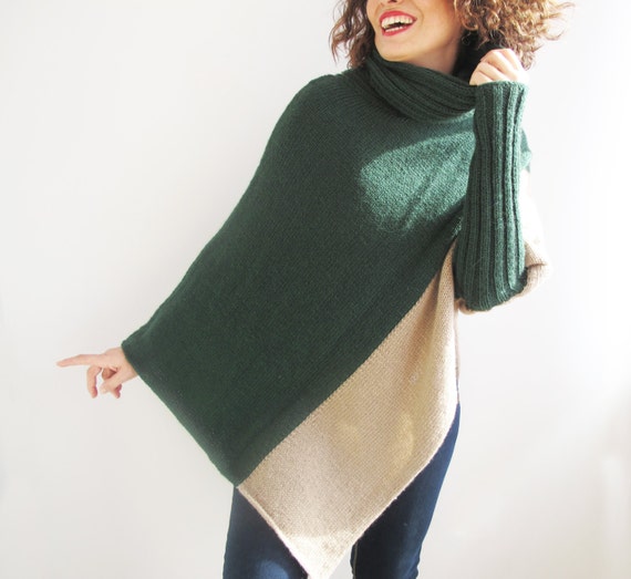Stylish Two Color Hand Knitted Poncho with Accordion Neck Plus Size Over Size Tunic by Afra