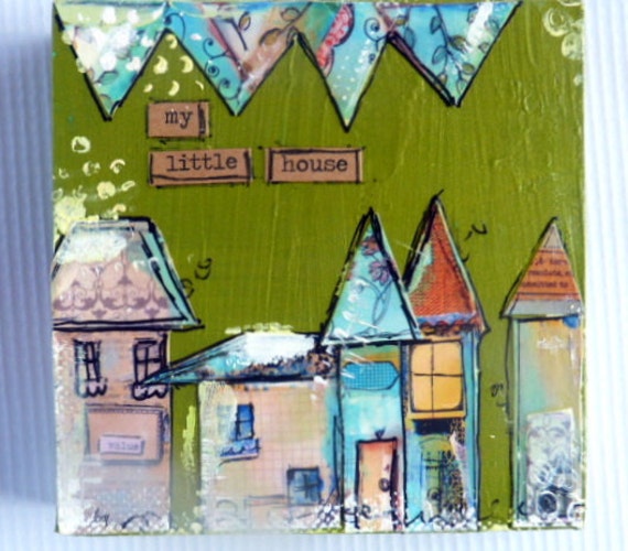 Art Mixed Media collaged houses on wood blocks